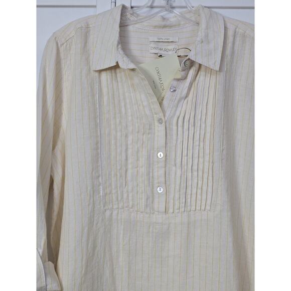 Cynthia Rowley Tunic M 100% Linen Off White Yellow Stripe Pleat Button Shirt Top - Picture 5 of 6